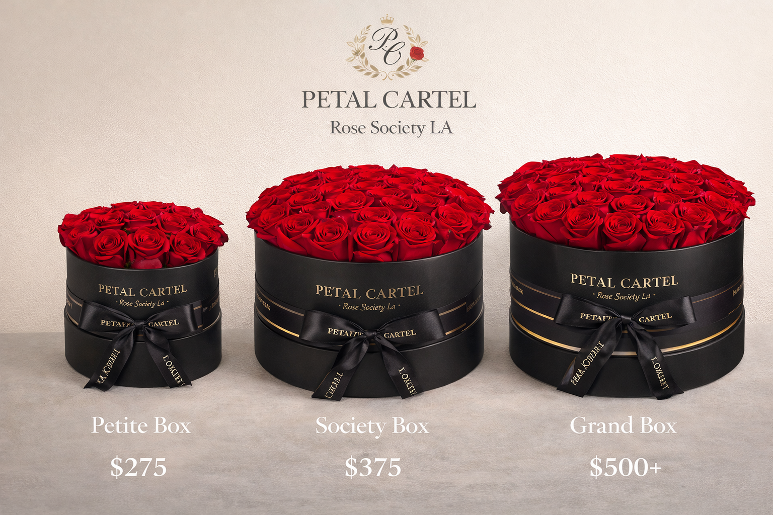Three black boxes with red roses labeled 'Petal Cartel' on a light gray background.